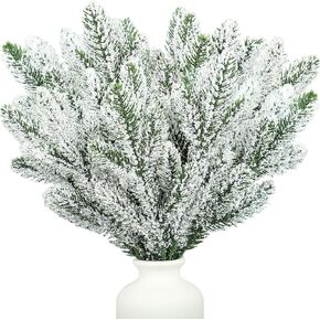 20 Pcs Christmas Snow Frosted Pine Branches 10.6 Inch Artificial Snowy Pine Needles Faux Greenery Stems Christmas Pine Tree Picks for Christmas Tree DIY Crafts Garland Wreath Home Holiday Decor