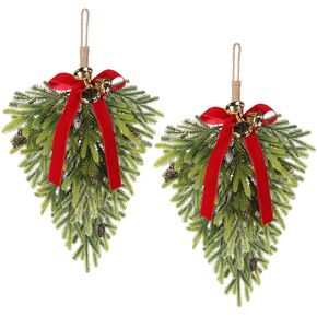 RoseCraft 2PCS Christmas Decorations, Artificial Front Door Christmas Wreaths, Hanging Bell Bow Decorations, for Fireplace Home Holiday Wall Party Xmas Decor.