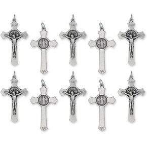 Caritas et Fides Pack of 10 - St Benedict Crucifix Cross for Rosary Making - Large 2 Inch Silver Oxidized Crucifix Rosary Part for St Benedict Rosary or Mens Catholic Necklace, Made in Italy