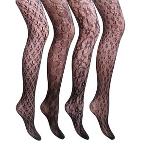 VERO MONTE 4 Pairs Women Black Fishnet Stockings Patterned Net Tights Small Hole
