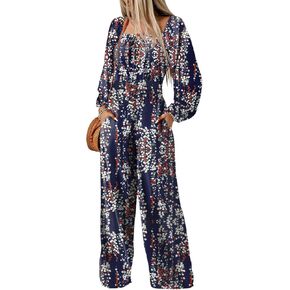 Dokotoo Women's Casual Loose Jumpsuits Overalls One Piece Long Sleeve Printed Wide Leg Long Pant Rompers With Pockets