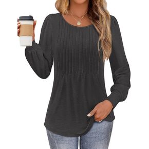 UEU Womens Long Sleeve Shirts Pleated Crew Neck Tunic Tops Dressy Casual Loose Blouses 2024 Fall Trendy Clothes