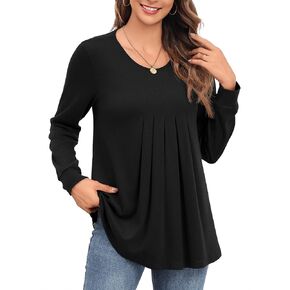 Askyes Womens Long Sleeve Tops 2024 Crew Neck Casual Shirts Fall Winter Dressy Blouses Pleated Tunic Tops for Leggings
