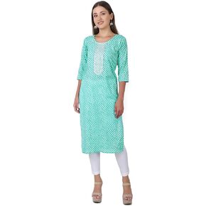 ladyline Women's Cotton Tunic Top Kurti - Ethnic Leheriya Printed Embroidered Sequins Indian Kurta