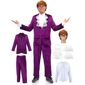7 Pcs 60s Swinger Costume Spy Groovy Power Costume Set for Men Halloween Purple Cospaly Party Outfit