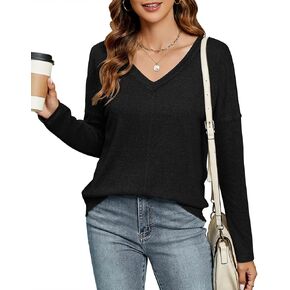 SimpleFun Women's V Neck Long Sleeve Shirts Casual Drop Shoulder Trendy Fall Tunic Tops