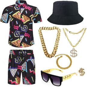 Gionforsy 80s 90s Hip Hop Outfit Accessories Set for Men Rapper Rocker Accessories Bucket Hat Sunglasses Gold Chain Bracelet