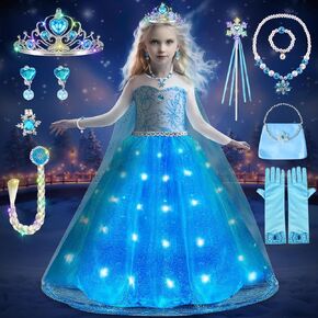 TOLOYE Princess Dresses for Girls, Light Up Elsa Anna Frozen Dress Up with Accessories for Birthday Halloween Carnival
