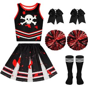 Liitrsh Cheerleader Costume Girls Cheerleading Halloween Cosplay Scary Outfit Bloody Dress Accessories for Party(Skull,7-8 Years)