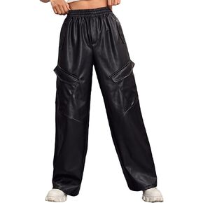 WDIRARA Women's Pu Leather Wide Leg Elastic High Waisted Loose Pants with Pocket