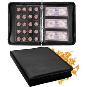 Fireproof Coin Album with 248 Coin Collection Holder & 36 Sleeves Money Currency Collection Book Pockets, Currency Album, Coin Collection Supplies for Collectors
