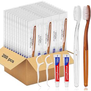 30pcs Disposable Toothbrushes with Toothpaste Floss Individually Wrapped, 2 Color Disposable Toothbrush Bulk, 10g Toothpaste, Dental Floss Pick for Homeless,Airbnb,Hotel,Guest