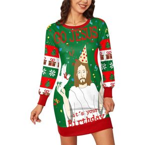 Spadehill Christmas Women Long Sleeve Printed Sweatshirt Dress