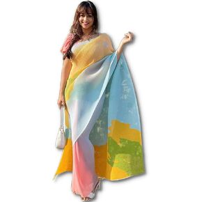 Women's Full Crushed Digital Printed Pure Georgette Saree With Unstitched Blouse Piece