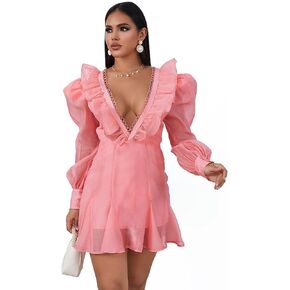 Dress for Wedding Guest Women 2023 Spring Summer Long Sleeve Mini Dress, Deep V Neck Ruffle Layer Swing Casual Dress