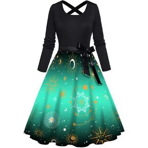 DRESSFO Women's 2024 Fall Print Long Sleeve Bowknot Cross Dress Celestial Sun Moon Star Galaxy Pattern Dress