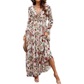 Women Summer Dresses V-Neck Floral Long Dress Casual Puff Sleeve Square Neck Floral Formal Dress