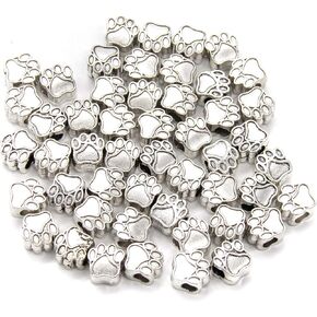 AUEAR, Vintage Dog Paw Footprint Beads 11mm Puppy Paw Footprint Big Hole Metal Charm for European Bracelet Jewelry Making Gifts Handmade (50 PCS, Silver)