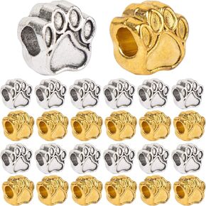 AUEAR, Vintage Dog Paw Footprint Beads 11mm Puppy Paw Footprint Big Hole Metal Charm for European Bracelet Jewelry Making Gifts Handmade (50 PCS, Silver)