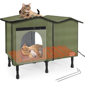 Heated Outdoor Cat House for Winter, Weatherproof Insulated Oxford Cloth & Elevated Large Outdoor Feral Cat House with Pet Heating Pad Bed, Outside Cat House for Stray Barn Cats（Green）
