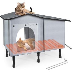 Heated Outdoor Cat House for Winter, Weatherproof Insulated Oxford Cloth & Elevated Large Outdoor Feral Cat House with Pet Heating Pad Bed, Outside Cat House for Stray Barn Cats（Green）
