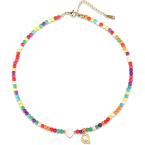 Initial Beaded Necklace, Colorful Cute Beaded Necklace with Heart Shells Stylish Letter Pendant Necklace Handmade Personalized A-Z Gifts for Women Girls
