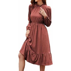 JASAMBAC Women's 2024 Fall Casual Long Sleeve Ruffles Mock Neck Smocked Elastic Waist Tiered Flowy A Line Midi Dress