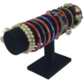 Velvet T-Bar Jewelry Display Stand for Bracelets Anklets Bangles and Watches 2-Inch Diameter Cylinder Black Fabric-Wrapped Organizer