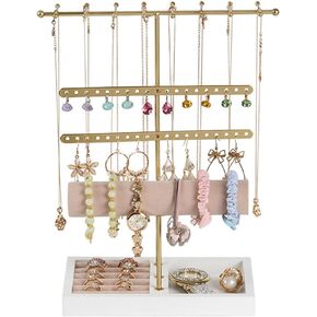 Jewelry Rack Organizer 4 Tier Jewelry Organizer & Locker Necklace Rack, Necklace Organizer with Ring Tray, Jewelry Tower Bracelet Earrings Ring with Velvet Scratch Resistant