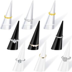 9 Pieces Acrylic Crystal Ring Holder,Plastic Jewelry Display Stand,Cone Shape Crystal Ring Displays Showcase Stand,Black,White,Clear