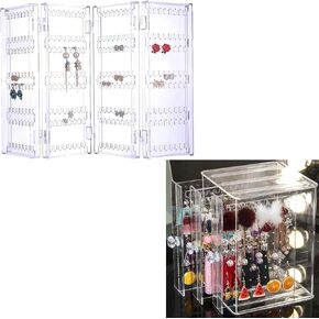 Sooyee 4 Doors Foldable Necklace Hanging Jewelry Organizer Double Sided Stand Display & & 3 Vertical Drawer Earring Display Stand Organizer, Clear