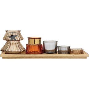 Creative Co-Op Wood Tray with 5 Glass Tealight/Votive Holders, Multi Color, Set of 6