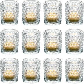 Candle Votive Glass Holders - Bulk Wedding Tea Light Votives Tealight - Fall Vintage Small Table Centerpieces for Christmas Home Party Thanksgiving Valentines Day - Clear 12 Pcs