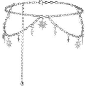 Double Layer Metal Chain Belt, Moon Star Waist Chain Fashion Link Belt Skinny Dress Waist Chain Belt For Women