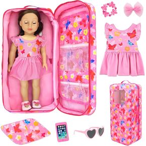 ZITA ELEMENT American 18 Inch Doll Butterfly Design Carrier Case Travel Bag, Doll Crossbody Shoulder Bag Backpack with Dress, Sunglasses, Hair Clip, Bracelet and Cushion for 18 Inch Doll Accessories