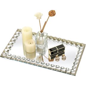Hipiwe Glass Vanity Tray - 13.7"x7.8" Mirror Decorative Tray Sparkling Crystal Perfume Tray Gorgeous Bathroom Organizer Tray for Makeup Jewelry Serving Tray for Coffee Table