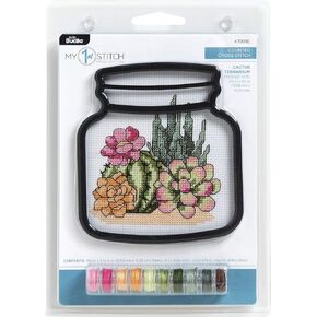 Bucilla 47908E My 1st Stitch Counted Cross Stitch Kit, 4", Terrarium Cactus