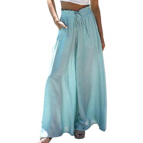 Womens Casual Wide Leg Pants Ruffle Elastic Drawstring Beach Palazzo Loose Pants Comfy Trousers with Pockets