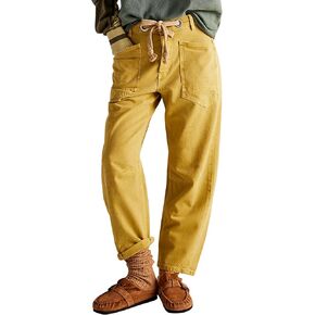 Women Drawstring Patchwork Barrel Pants Wide Leg Baggy Pant Casual Boyfriend Slouchy Streetwear Trousers with Pockets Yellow