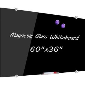 DEVELOP Magnetic Black Glass Dry Erase Board 24 x 18 Inches (60 x 45 cm), Small Frameless Wall Mounted Writing Glass Whiteboard with 4 Markers, 2 Magnets, 1 Eraser