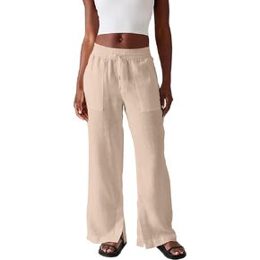 Women's Cotton Linen Summer Palazzo Pants Elastic Waist Casual Flowy Wide Leg Beach Trousers with Pockets