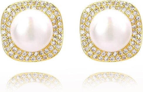 Pearl Earrings Studs 925 Sterling Silver 9MM Cultured Freshwater Pearl Cubic Zirconia Button Stud Earrings in Kuwait