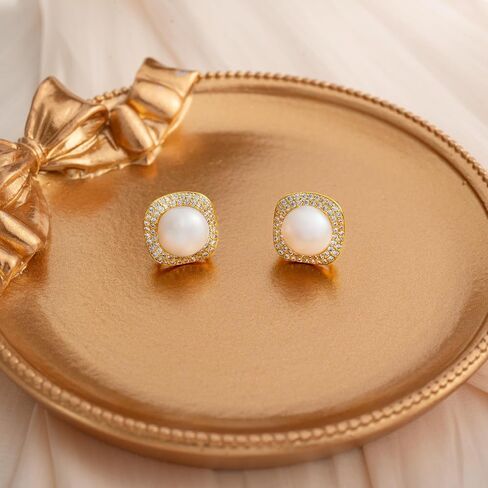 Pearl Earrings Studs 925 Sterling Silver 9MM Cultured Freshwater Pearl Cubic Zirconia Button Stud Earrings in Kuwait