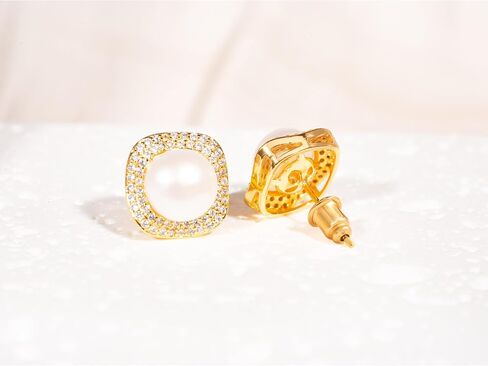 Pearl Earrings Studs 925 Sterling Silver 9MM Cultured Freshwater Pearl Cubic Zirconia Button Stud Earrings in Kuwait