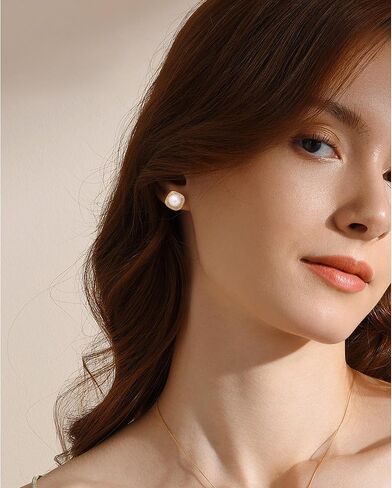 Pearl Earrings Studs 925 Sterling Silver 9MM Cultured Freshwater Pearl Cubic Zirconia Button Stud Earrings in Kuwait