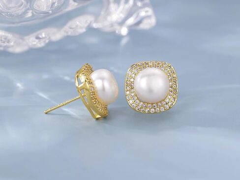 Pearl Earrings Studs 925 Sterling Silver 9MM Cultured Freshwater Pearl Cubic Zirconia Button Stud Earrings in Kuwait