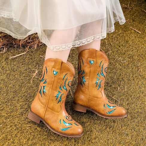Girls Cowgirl Boot Glitter Kids Cowboy Boots Western BoysCowboy Mid Calf Square Toe Toddler Little Kid/Big Kid Party Birthday Riding Shoes in Saudi Arabia