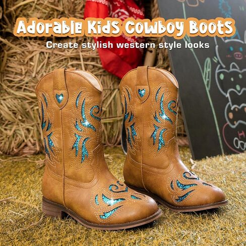 Girls Cowgirl Boot Glitter Kids Cowboy Boots Western BoysCowboy Mid Calf Square Toe Toddler Little Kid/Big Kid Party Birthday Riding Shoes in Saudi Arabia
