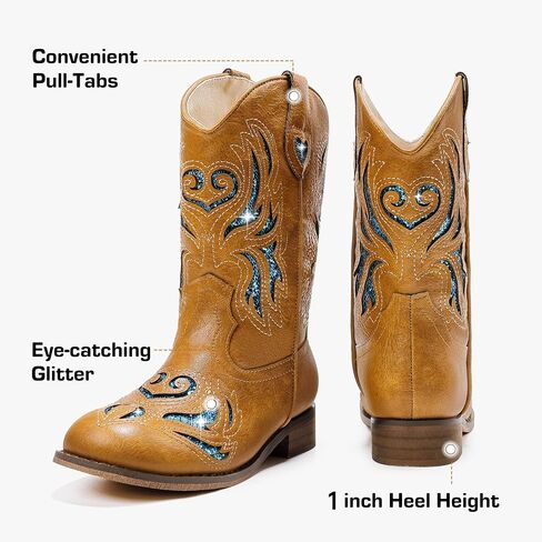 Girls Cowgirl Boot Glitter Kids Cowboy Boots Western BoysCowboy Mid Calf Square Toe Toddler Little Kid/Big Kid Party Birthday Riding Shoes in Saudi Arabia