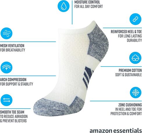 Amazon Essentials Women's Performance Cotton Cushioned Ankle Athletic No-Show Socks, 6 Pairs in Saudi Arabia